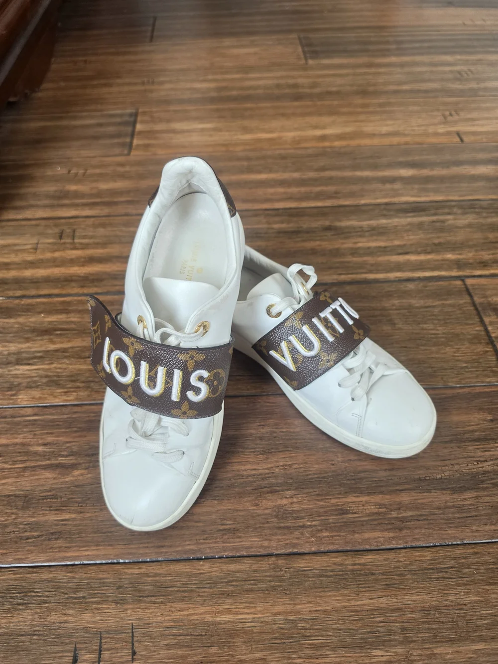Louis Vuitton White Leather Low-Top Sneakers with Monogram Strap